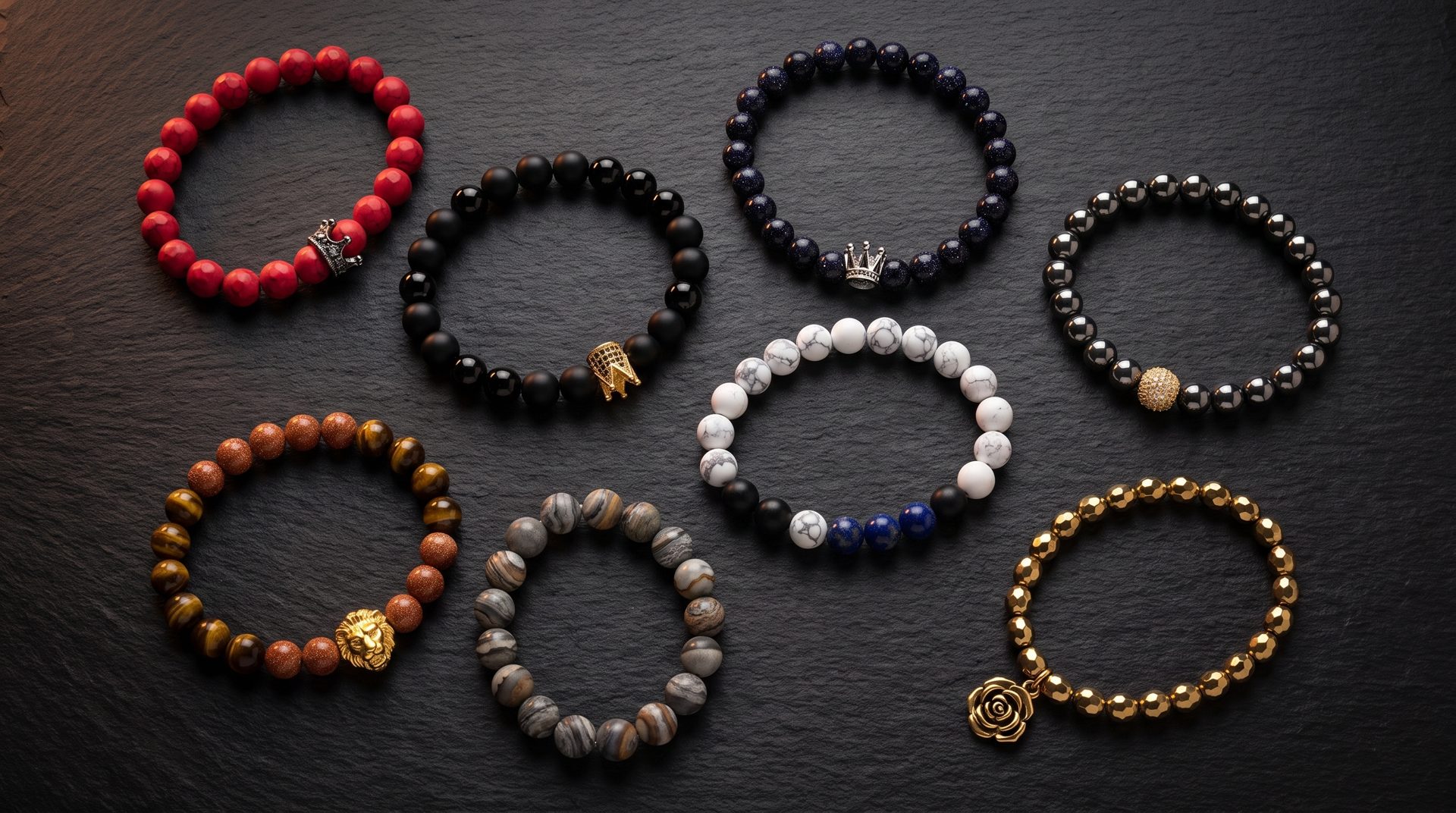 The full Ember and Onyx bracelet collection laid out on black slate