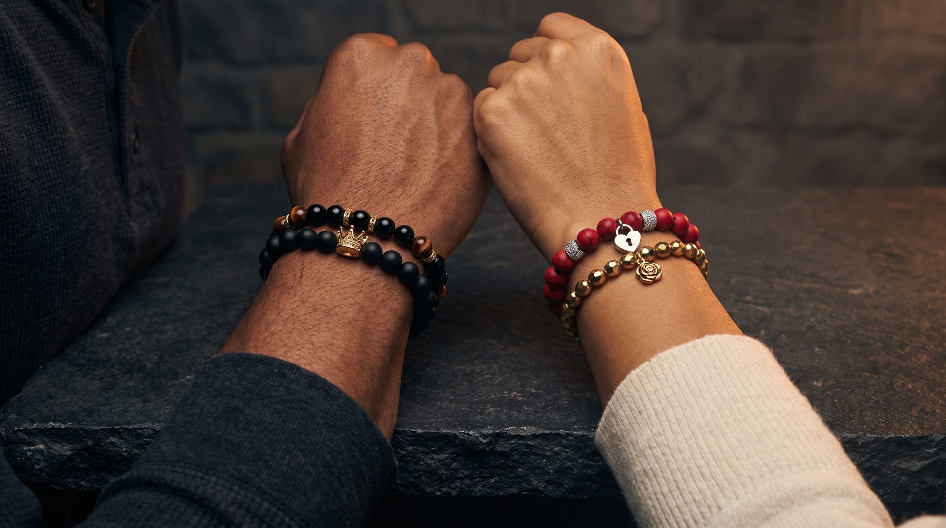 A man's and a woman's forearms side by side, each wearing stacked bracelets
