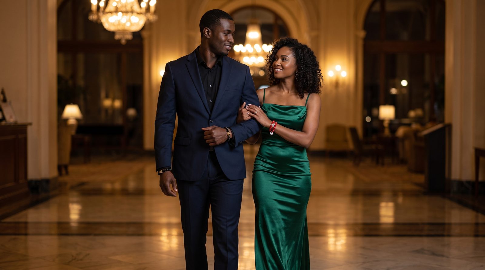 A couple in evening wear, arm in arm